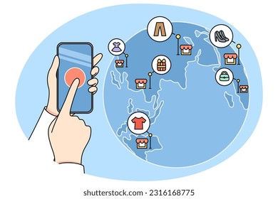 Person hold cellphone shopping online around the world. Client or buyer use modern smartphone buy on internet with web application. Technology concept. Vector illustration.
