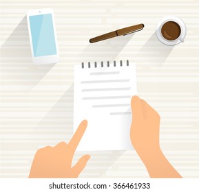 Person hold a document in his hand. Flat vector drawing,