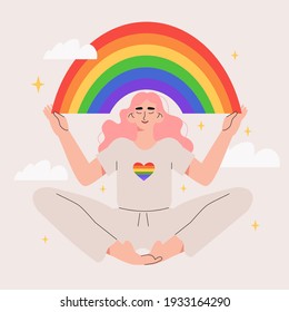 Person hold lgbt rainbow. Pride month celebration against violence, descrimination, human rights violation. Lgbt greeting card. Man, woman or transgender on peaceful demonstration or protest.