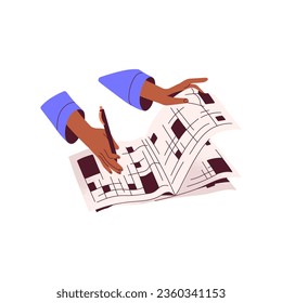 Person hold pen and turn page of paper newspaper. Woman solves crossword. People write in magazine with brainteasers. Intellectual hobby flat isolated vector illustration on white background