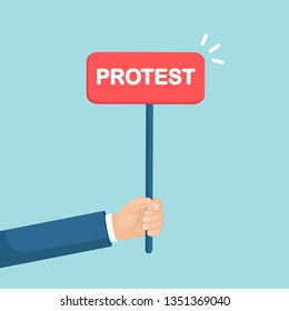 Person hold  placard with word protest, red banner. Strike, protesting concept. Vector cartoon design