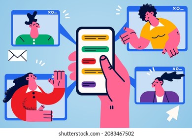 Person hold smartphone chat message with diverse people online on device. Woman use cellphone have communication on internet with friends. Social media, messenger concept. Vector illustration. 