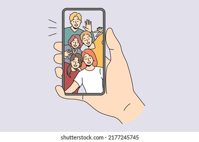 Person hold smartphone talk on video call with diverse friends. Man use cellphone have online webcam chat or communication on gadget with international mates. Vector illustration. 