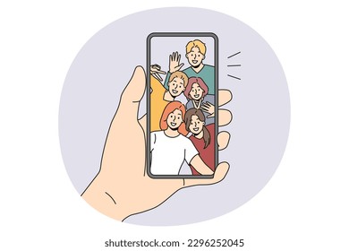 Person hold smartphone talk on video call with diverse friends. Man use cellphone have online webcam chat or communication on gadget with international mates. Vector illustration.