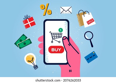 Person hold smartphone use diverse applications buying selling or messaging online. Man use cellphone app pay or purchase on internet. Making order, shopping on web. Flat vector illustration. 