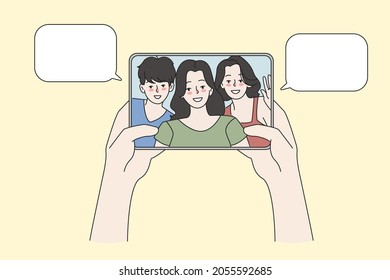 Person hold tablet device talk speak on video call online with friends. People have webcam digital conference communication on pad gadget. Distant virtual event, technology. Vector illustration. 