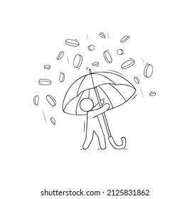 Person hold umbrella under money rain. Concept of financial profit, wealth, cash income, win. Vector hand drawn illustration of doodle character and falling gold coins