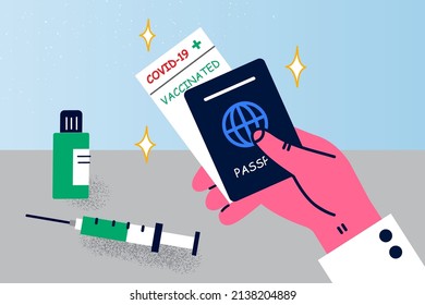 Person hold vaccination passport receive covid-19 vaccine. Man get green pass document get vaccinated against corona virus pandemics. Coronavirus protection concept. Vector illustration. 