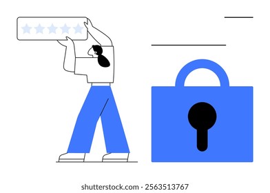 Person holding a 5-star rating beside a padlock symbol Ideal for themes of customer feedback, data security online reviews user experience and privacy protection Modern minimalist flat style