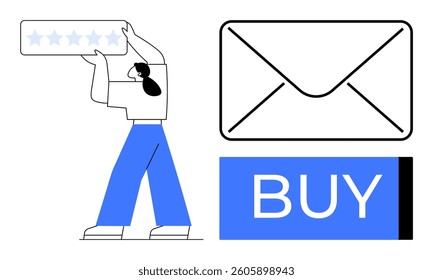 Person holding a 5-star rating sign next to an envelope icon and a buy button. Ideal for e-commerce, customer reviews, email marketing, customer satisfaction, online shopping, digital engagement