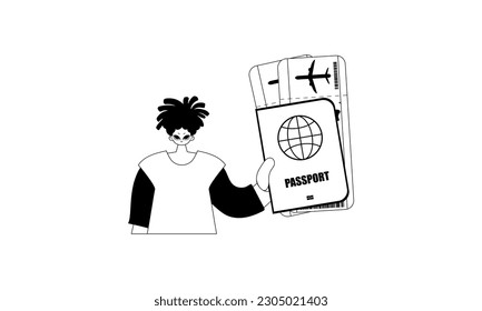 The person is holding a all comprehensive id with see at tickets. Tourism subject. Pitiful and white line craftsmanship. Trendy style, Vector Illustration