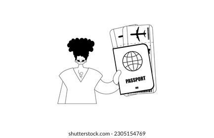 The person is holding a all comprehensive id with see at tickets. Tourism subject. Pitiful and white line craftsmanship. Trendy style, Vector Illustration