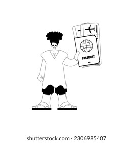 The person is holding a all comprehensive id with see at tickets. Tourism subject. Miserable and white line craftsmanship. Trendy style, Vector Illustration