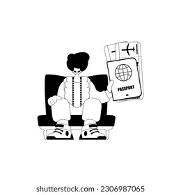 The person is holding a all comprehensive id with see at tickets. Tourism subject. Miserable and white line craftsmanship. Trendy style, Vector Illustration