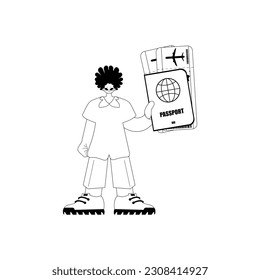 The person is holding a all comprehensive id with see at tickets. Tourism subject. Miserable and white line craftsmanship. Trendy style, Vector Illustration