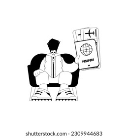 The person is holding a all comprehensive id with see at tickets. Tourism subject. Sad and white line craftsmanship. Trendy style, Vector Illustration
