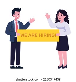 Person holding banner of we are hiring, flat illustration 


