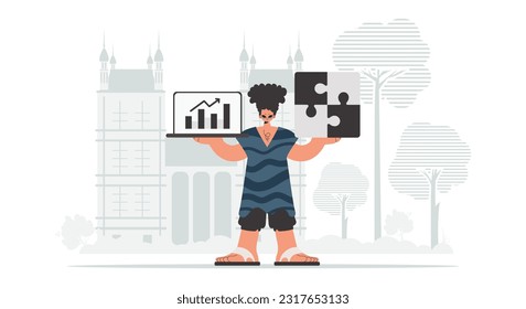The person is holding a befuddle and a positive headway chart. Thought accumulate work. Trendy style, Vector Illustration