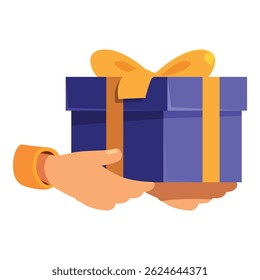 Person is holding a big blue gift box with a yellow ribbon