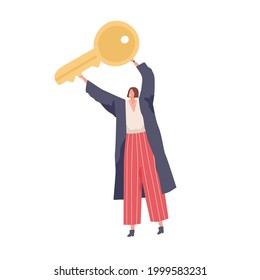 Person holding big golden key to success in hands. Concept of finding solution, solving business problems. Woman with security symbol. Colored flat vector illustration isolated on white background