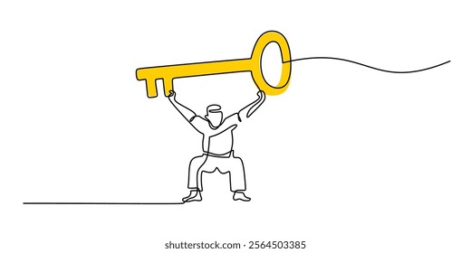 A person holding a big key in continuous line drawing. Representing power, opportunity, and unlocking potential. Vector illustration hand drawn.