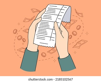 Person holding bill checking expenses and expenditures. Hands with receipt count money spend. Budget management concept. Vector illustration. 