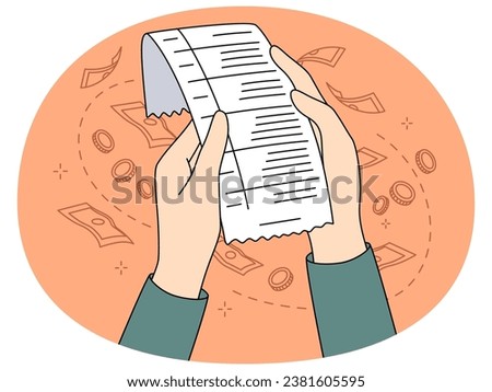 Person holding bill checking expenses and expenditures. Hands with receipt count money spend. Budget management concept. Vector illustration.