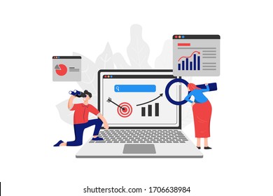A person holding a binoculars and a woman holding a magnifying glass look at the screen to study the market svg