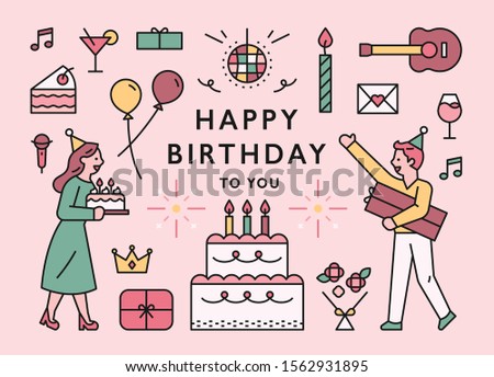 A person holding a birthday cake and a person holding a gift box. Birthday icons set. flat design style minimal vector illustration.