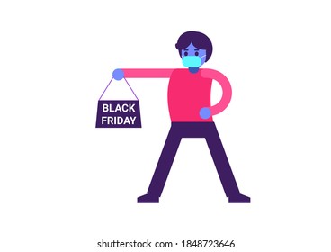 person holding a black friday shopping bag for christmas concept illustration: person wears a medical mask to prevent corona virus covid-19 at black friday in november 2020 for print and web template