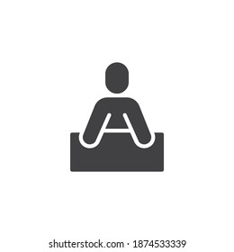 Persona sosteniendo un icono vectorial de banner en blanco. signo plano relleno para concepto móvil y diseño web. Hombre con un icono de glifo de carteles. Protesta, símbolo de revolución, ilustración del logo. Gráficos vectoriales