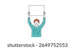 A person holding up a blank sign in a simple pixelated cartoon style demonstrating public speech or announcement