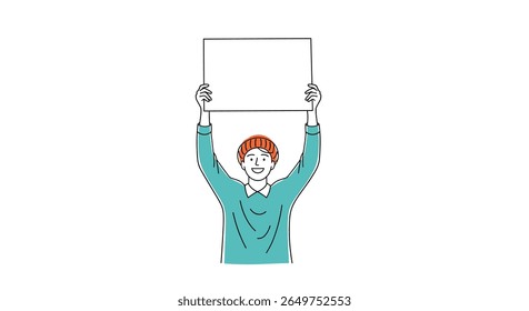A person holding up a blank sign in a simple pixelated cartoon style demonstrating public speech or announcement