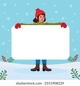 Person holding a blank sign in a snowy winter landscape