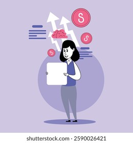 Person holding blank sign while surrounded by symbols of success, including coins and brainstorming elements. Strategy planning in business environment concept