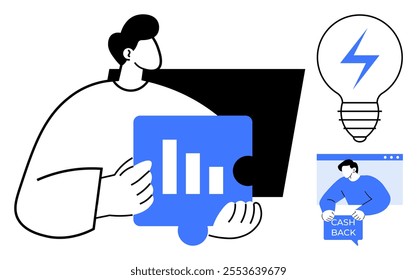 Person holding blue chart puzzle piece, light bulb symbol, cash-back concept depicted on small screen. Ideal for business strategy, financial planning, innovation, marketing, data analysis