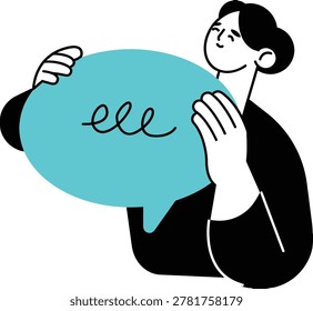 A person holding a blue speech bubble with the letter elle on it isolated on transparent background