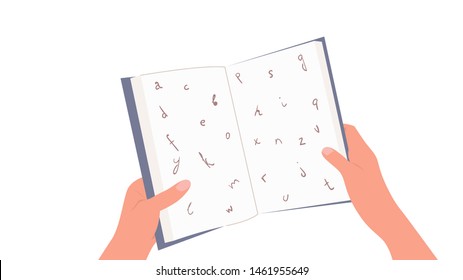 Person holding a book and can't read because of dyslexia. Dyslexia concept. A book in hands. Flat vector illustration