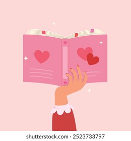 Person holding a book, Magic of knowledge and imagination. Love story fiction. Hand holding of fairy tale book.