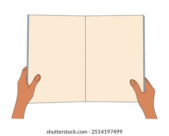 A person is holding a book open to a blank page. The book is white and the person's hands are holding it. Book mockup. Reading and knowledge concept. Outline colored vector drawing isolated on white.