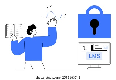 A person holding a book and writing on a graph. A lock symbol for security and a computer screen showing LMS. Ideal for education, e-learning, data security, learning management, content creation
