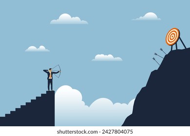person holding bow fails to shoot target achievement goal, business concept, flat vector illustration