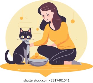 person holding a bowl of cat food. Feeding pets. Feeding a cat from hand