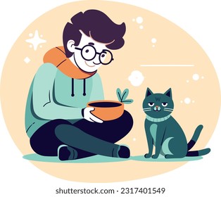 person holding a bowl of cat food. Feeding pets. Feeding a cat from hand