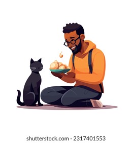 person holding a bowl of cat food. Feeding pets. Feeding a cat from hand