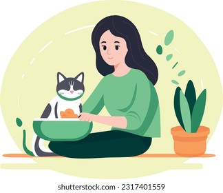 person holding a bowl of cat food. Feeding pets. Feeding a cat from hand