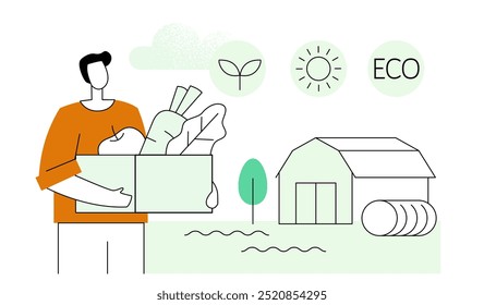 A person holding a box of fresh vegetables in front of a farm showcasing sustainable agriculture practices and eco-friendly initiatives. Vector flat illustration