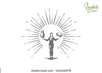 Person holding brain and heart, creative emotion and thought idea. Presenting choice between feelings and mind, logical thinking vs natural intuition concept sketch. Hand drawn vector illustration