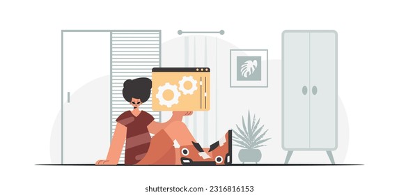 The person is holding a browser window with gears. SEO and web analyzing subject. Trendy style, Vector Illustration