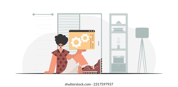 The person is holding a browser window with gears. SEO and web investigating subject. Trendy style, Vector Illustration